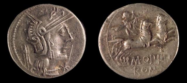 Anverso y reverso de un denario de plata con ceca de ROMA