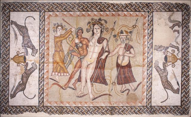 Mosaico con Baco, desnudo y coronado con uvas y parra, otras figuras y leopardos a los lados